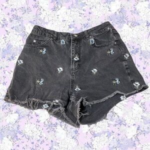 Black Denim Floral Embroidered High Rise Shorts
